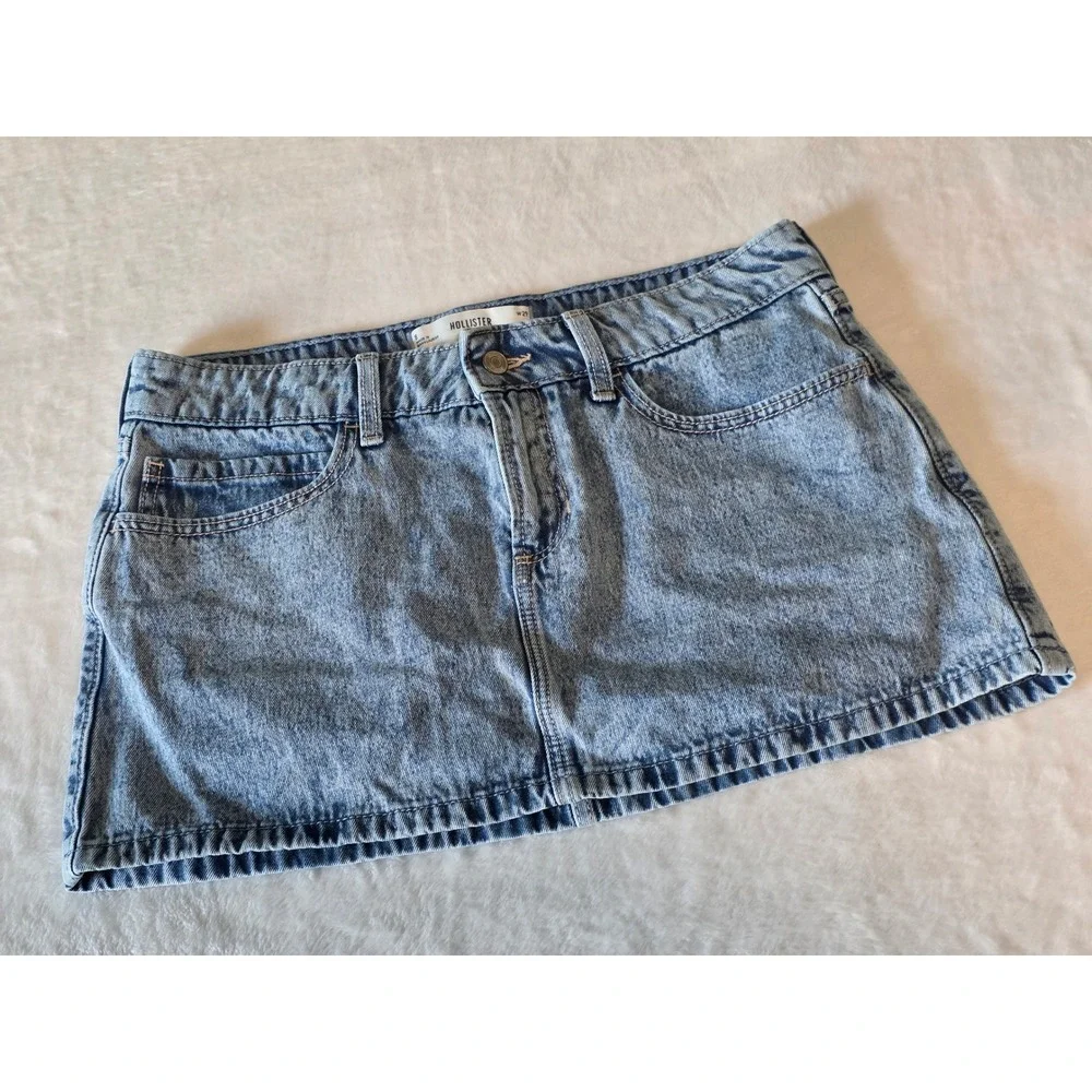 Hollister Acid Wash Denim Skort Bow Tie Back Pockets Blue Mini Skirt 8 W29 Y2K